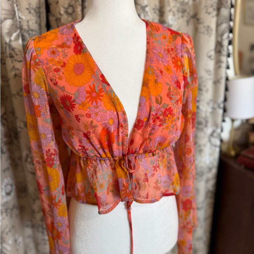 Floral V-Neck Women's Top - Orange